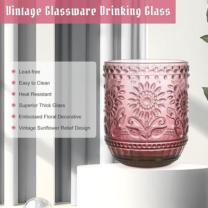 Topsky Vintage Drinking Glass Set of 6,12 oz Embossed Floral Decorative Glassware Set,Glass Cups Wine Glasses Beverages Tumblers Colored Glassware for Whisky,Beer,Juice,Cocktail,Heavy Duty