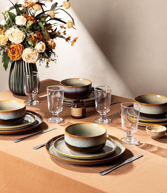 TheTerra Ceramic Dinnerware Sets for 6, 18 Pieces Handmade Reactive Glaze Plates and Bowls Set, Scratch Resistant Dish Set, Oven & Microwave & Dishwasher Safe, Dusk Blue
