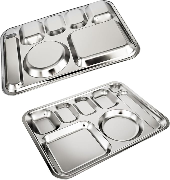 Korean Stainless Steel Divided Plates with Cutlery Slot for Adults, Premium 304, Electro-Polished, No Black Residue, BPA-Free, XL 8-Compartment Food Tray, Camping, Set of 2