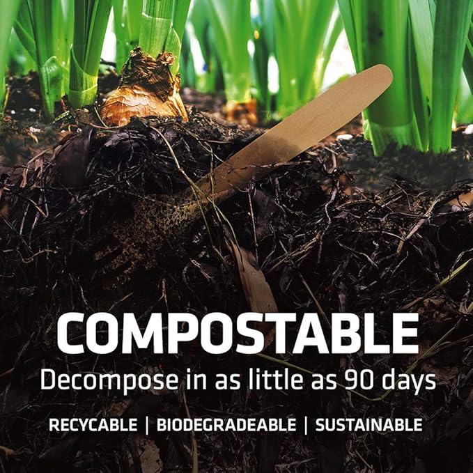 Disposable Wooden Cutlery Set - 100% Home Compostable - 100 Spoons 6.5", Bamboo Utensils Alternative, Eco-Friendly, Organic, Sustainable and Carbon Neutral Certified
