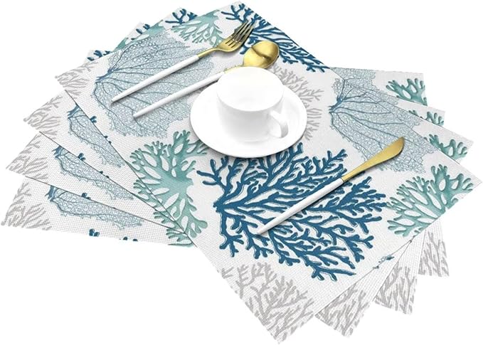 Placemats Set of 6 Nautical Blue Coral Place Mats Coastal Teal Beige Coral Woven Table Mats Washable Ocean Theme PVC Placemat for Dining Kitchen Decor Indoor Outdoor, 12 x 18 Inch