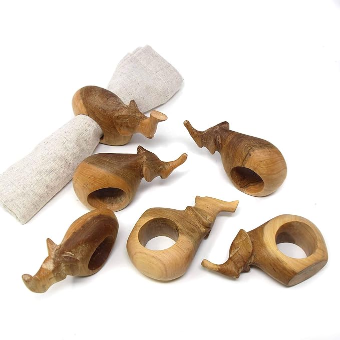 Global Crafts Handcarved Mahogany Wooden Napkin Ring Holders, Elephant, Set of 6 (KWF012_E)