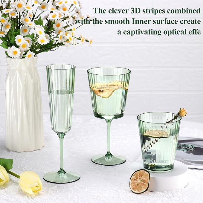 48 PCS Green Plastic Wine Glasses with Removable Stems 13.5 Oz Ribbed Wine Glasses Square White Wine Glass Muted Pastel Colors Goblets Elegant Fluted Glassware for Wedding Anniversary Birthday