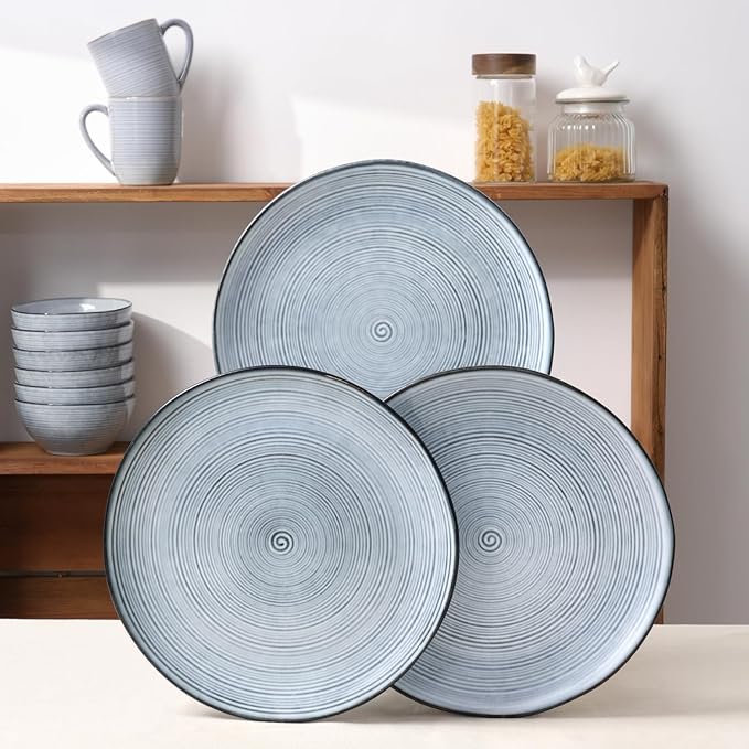 famiware Plates and Bowls Sets for 4, 12 Pieces Stoneware Dinnerware Sets, Dishes Set, Reactive Glaze Dishware Sets, Dishwasher & Microwave Safe, Tempus Series - Pearl Blue