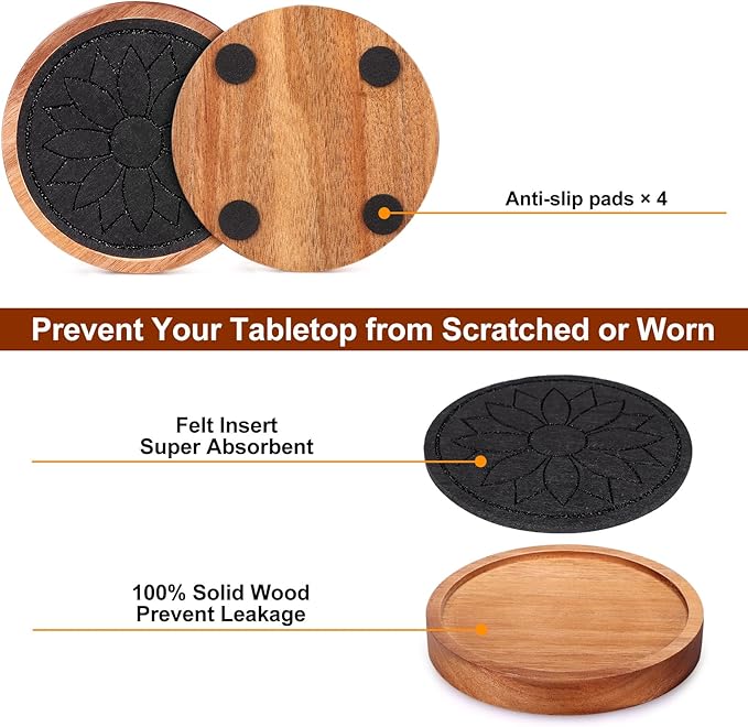 5 Pcs Best Wooden Coasters Non-Slip, Non-Stick, 4 Inches Black - Gtencemen Acacia Wood Coaster Set Absorbent Coasters for Drinks, Coffee Bar, Kinds of Cups, Rustic Farmhouse, Dining Room Table Decor