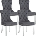 KCC Velvet Dining Chairs Set of 4, Upholstered Tufted Wingback Dining Room Chair with Nailhead Back Ring Pull Trim Solid Acrylic Legs, Contemporary Nikki Collection Style for Kitchen, Grey