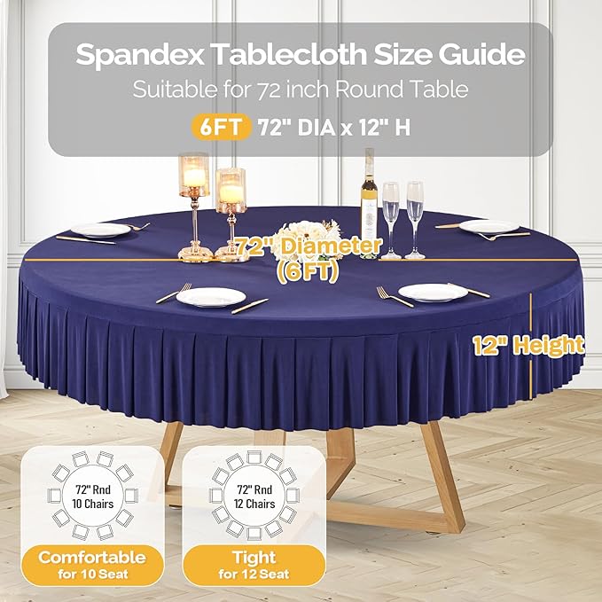 2 Pack Navy Blue Spandex Round Tablecloths for 72in Table, Stretchy Fitted 6FT Round Table Cloths, Wrinkle Free Table Cover with Skirt for Wedding Birthday Party Bridal Shower Banquet