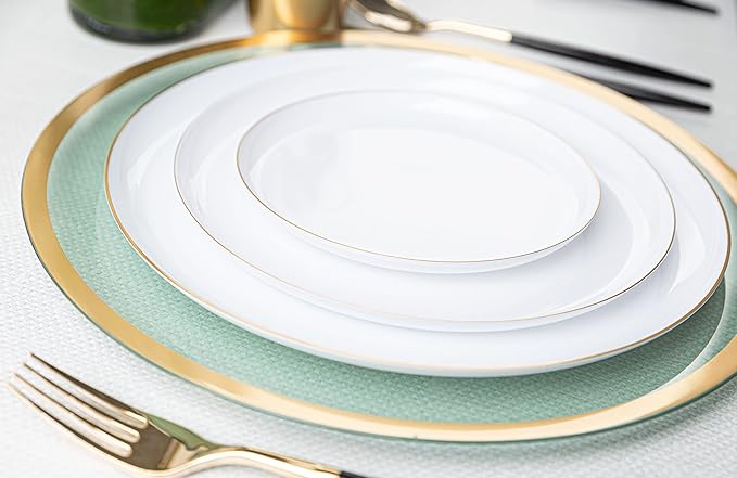 [30 Pack 8.6''] White Plastic Party Plates With Gold Rim Edge Collection Premium heavyweight Elegant Disposable Tableware Dishes