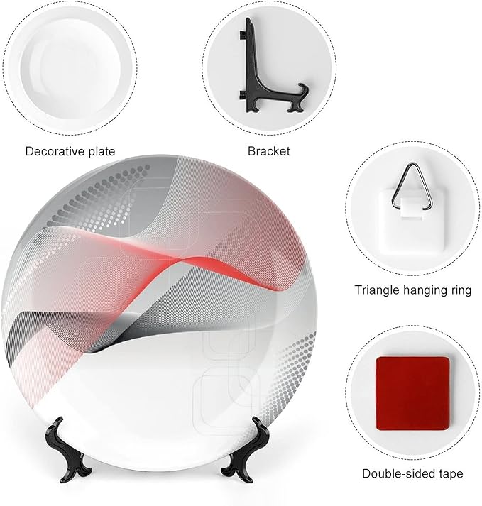 Decorative Plates, Abstract Print Ornament, Modern Geometric Squares Dots Curves Waves, 6 Inch, Kitchen Wall Decor, Red Grey Black