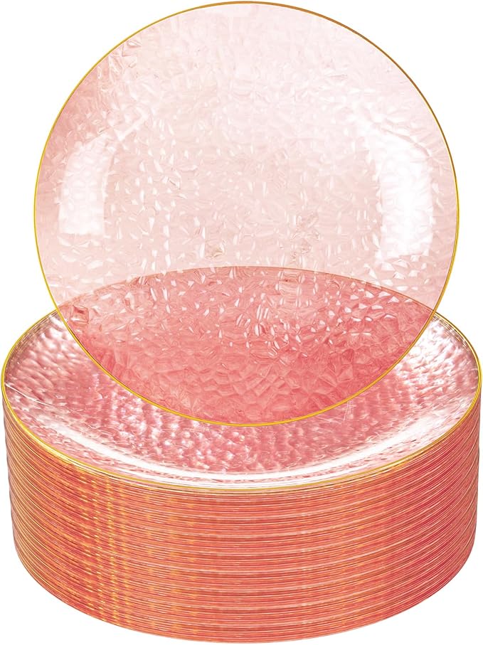 DaYammi 60PCS Pink Gold Plastic Plates - 10 inch Pink Plastic Dinner Plates - Hammer Pattern Design - Fancy Clear and Gold Disposable Plates Ideal for Mother's Day