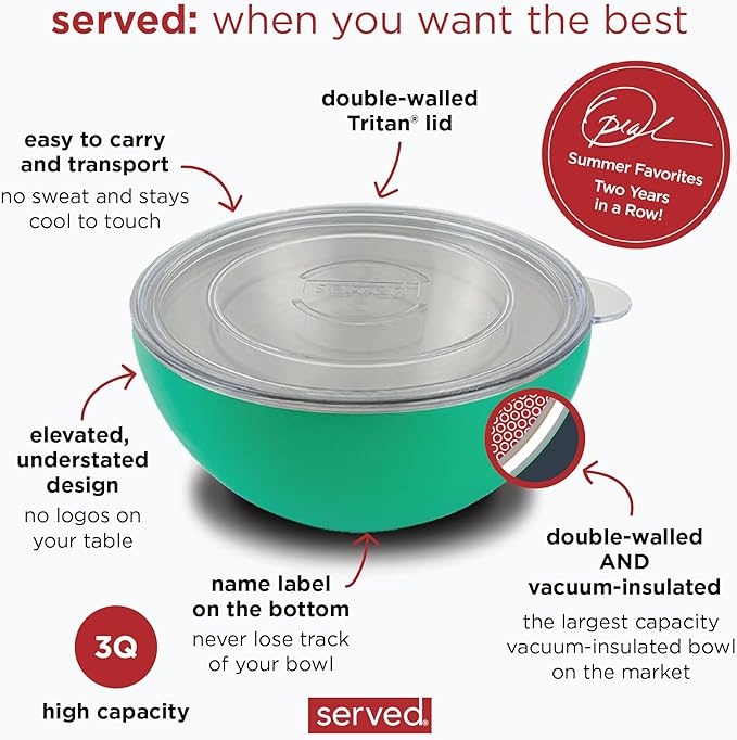 served Large Insulated Serving Bowl with Lid (100oz/3QT) - Double-Walled Stainless Steel Bowl for Hot & Cold Food - Vacuum Insulated, Spill-Resistant Thermal Bowl for Parties, Casseroles, Tailgates