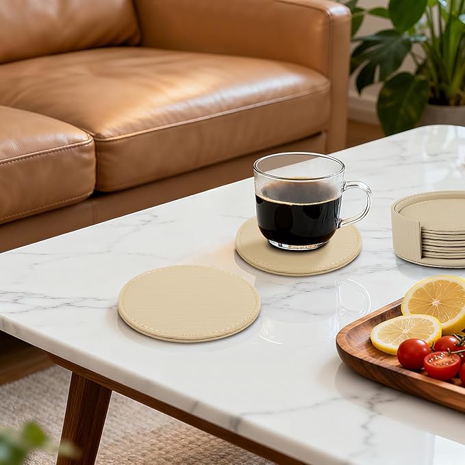 6 Pcs Premium Leather Coasters with Holder, Tabletop Protection, Coffee Table & Bar Decoration, Modern-Style Drink Coasters Suitable for Home Dining Tables & Kitchen Accessories (Beige Stripe)