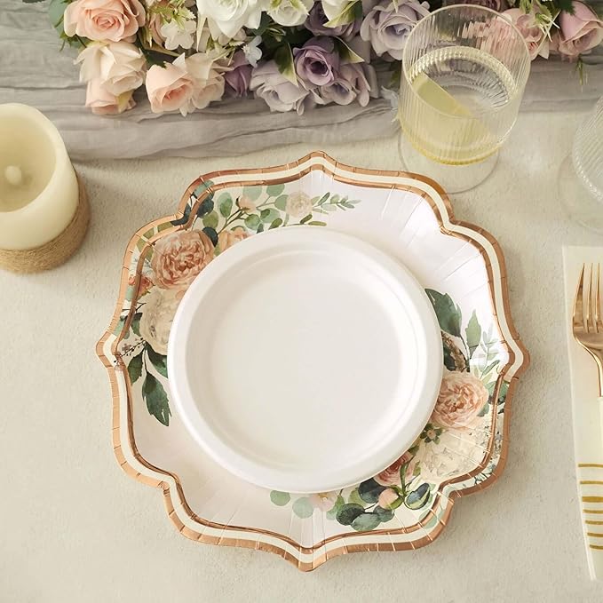 50 Pack 10" White/Rose Gold Floral Print Scallop Rim Dinner Plates, Disposable Round Paper Party Plates 300 GSM for Festive Table Decoration