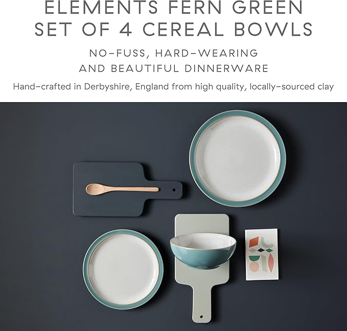 Denby - Elements Fern Green Cereal Bowls Set of 4-28oz Everyday Soup, Dessert Bowls - Contemporary Design - Dishwasher & Microwave Safe Ceramic Stoneware Tableware - Scratch Resistant
