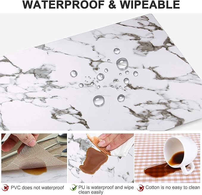 Leather Heat Resistant Placemats Set of 6 Waterproof Wipeable Washable PU Table Mats,Easy to Clean Anti-Slip Place Mats (Marble, 6)