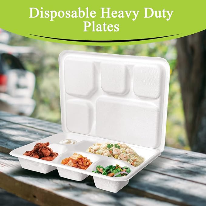 three leaf 5 COMPARTMENT MEAL TRAY WITH LID SET, 200 SETS. Heavy-Duty- Super Strong- Natural- Eco-Friendly Disposable Bagasse Tray with Lid, 100% Biodegradable Plates