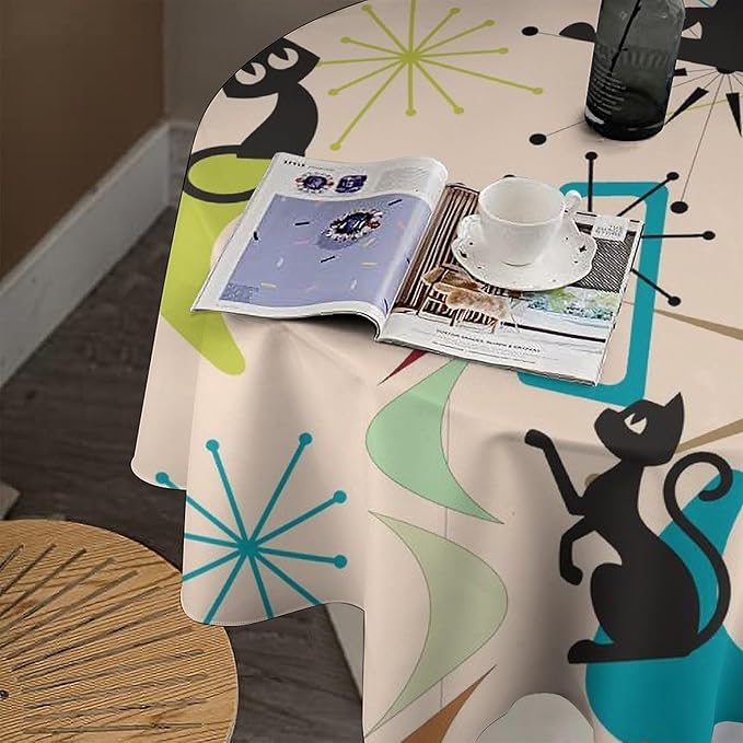 Mid Century Black Cat Round Tablecloth, Bohemian Modern Colorful Abstract Geometric Retro Art Bohemian Tablecloth for Home Party Dining Room Kitchen Decor 50Inch(127cm)