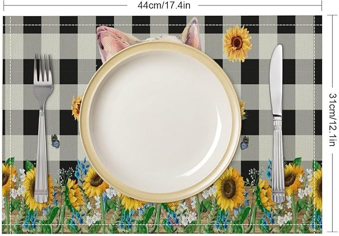 Rustic Pig Placemat Set, Vintage Farmhouse Cute Animal Sunflower Floral Black White Plaid Blue Bowknot Pattern Home Decor Table Mats for Dining Room Kitchen Party (17x12in) x2P
