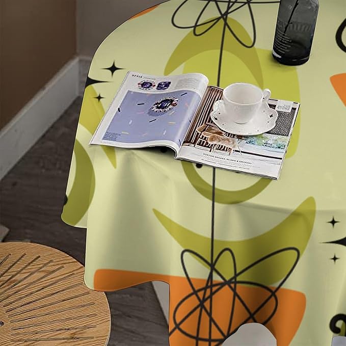 Mid Century Black Cat Round Tablecloth, Vintage Modern Bohemian Abstract Geometric Retro Art Tablecloth for Home Party Dining Room Kitchen Decor 60Inch(152cm)