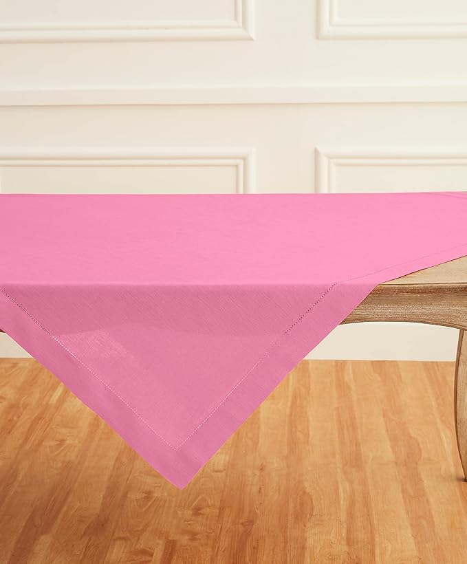 Solino Home Square Linen Tablecloth 52 x 52 Inch - 100% Pure Linen Flamingo Pink Table Throw - Classic Hemstitch, Machine Washable Table Cloth for Valentines, Spring, Easter