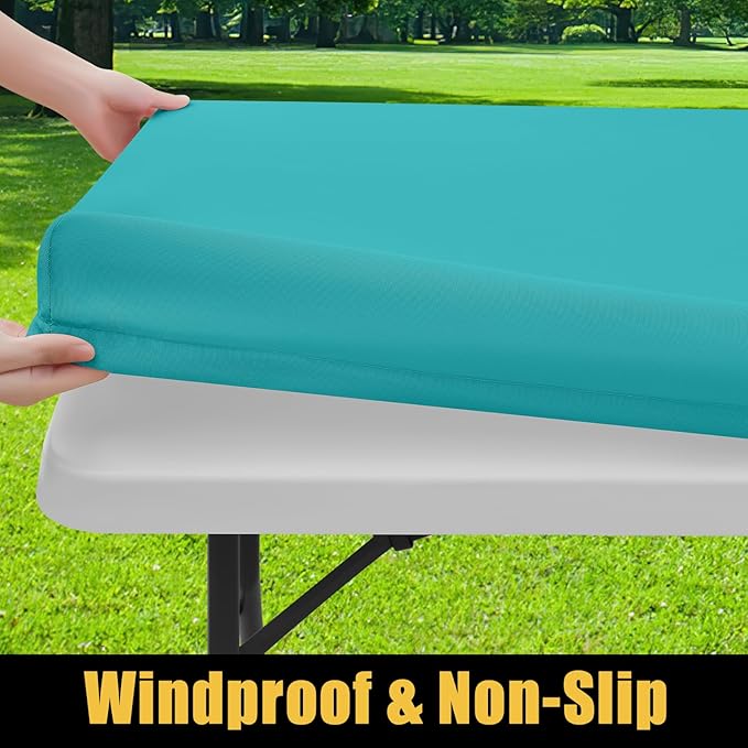 Smiry Rectangle Picnic Table Cloth, Waterproof Elastic Fitted Tablecloths for 6 Foot Tables, Washable Polyester Table Cover for Camping, Indoor and Outdoor (Turquoise, 30"x72")