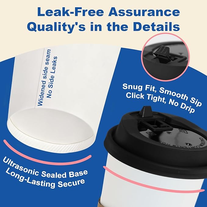 12 oz 100 Pack Coffee Cups with Lids and Sleeves, Straws, Hot Disposable To Go Travel Paper Cups Bulk for Office, Home Coffee Bar Accessories, Chocolate, Cocoa, Beverage (White)
