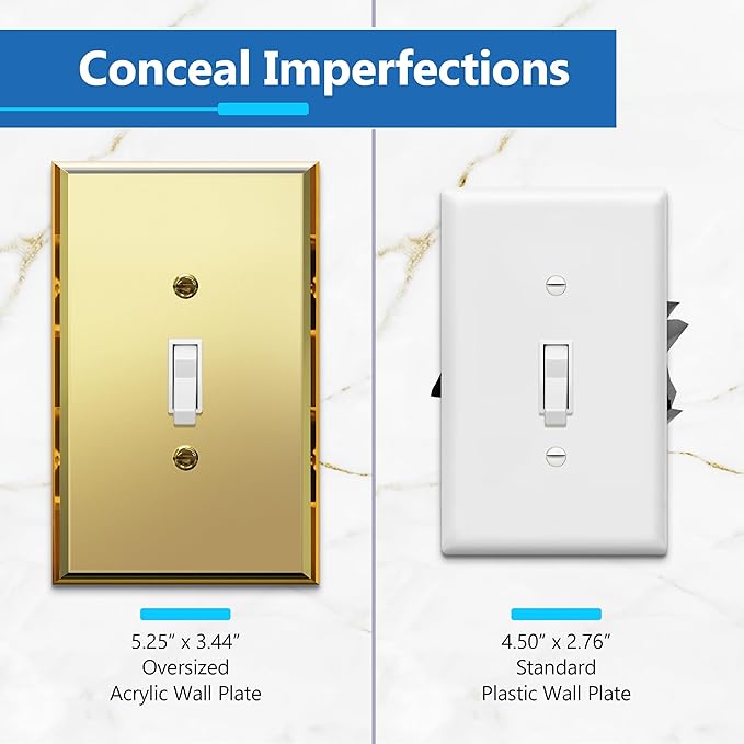 LIDER Reflective Acrylic Toggle Switch Wall Plate, Mirrored Light Switch Cover, Plexiglass Cover Plate, Acrylic Glass, Oversized 1-Gang 5.25" x 3.44", LWP-11O-AGD5P, Gold, 5 Pack