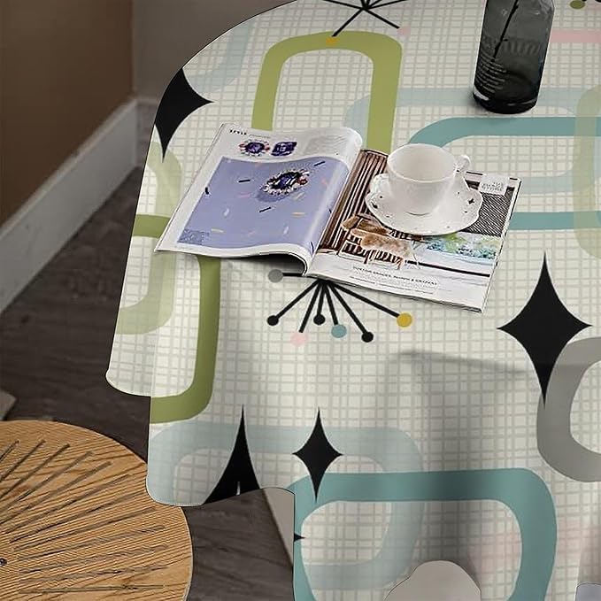 Mid Century Modern Round Tablecloth, Geometry Bohemian Retro Abstract Tablecloth for Home Party Dining Room Kitchen Decor 70Inch(178cm)