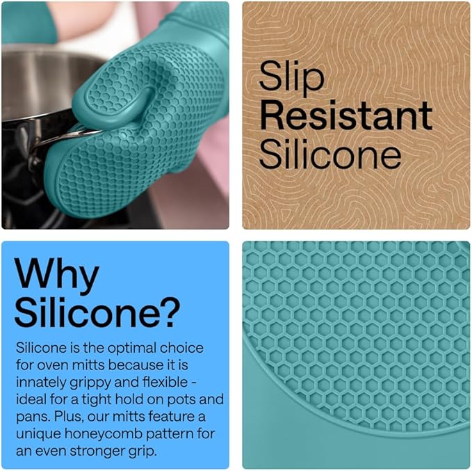 GORILLA GRIP BPA-Free Soft Silicone Oven Mitts, 14.5x8.3, Heat Resistant and Waterproof Cooking Gloves, Thick Cotton Lining, Flexible Gripping for Baking Grilling, Kitchen Potholders Set, Turquoise