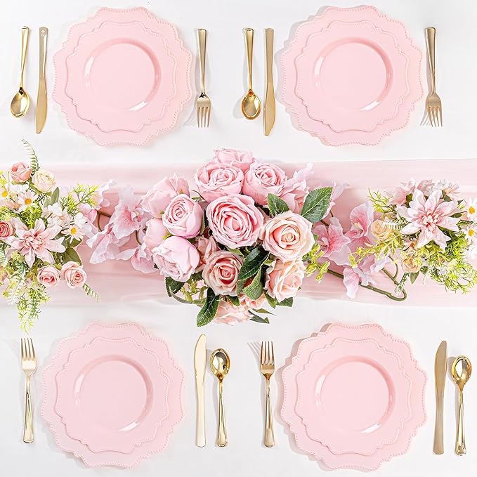 COLOSUS 100 pcs Pink Plastic Plates Set, Nice Disposable Plates,Pink Disposable plates Set for 50 Guest include 50 Dinner Plate 10.5 &50Dessert plates 8.25 for Party,Wedding, Birthday, Valentine's Day
