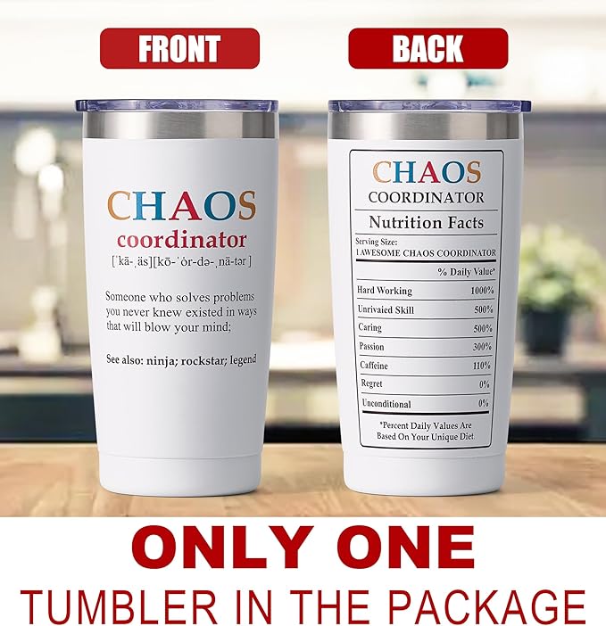 SUNWILL Coffee Tumbler with Lid, Christmas Gifts for Women, Stainless Steel Insulated Mug, CHAOS Coordinator Cups for Birthday, Thank you, Graduation - 20 oz Snow White