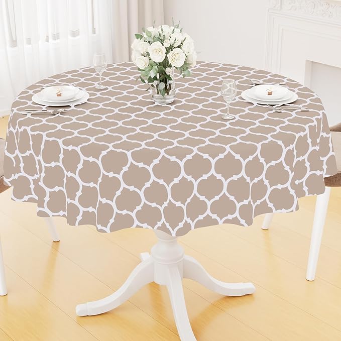 Smiry Round Plastic Table Cloth, Waterproof Vinyl Tablecloth with Flannel Backing for Round Tables, Wipeable & Spillproof for Dining, Camping, Indoor and Outdoor (60" Round, Khaki)