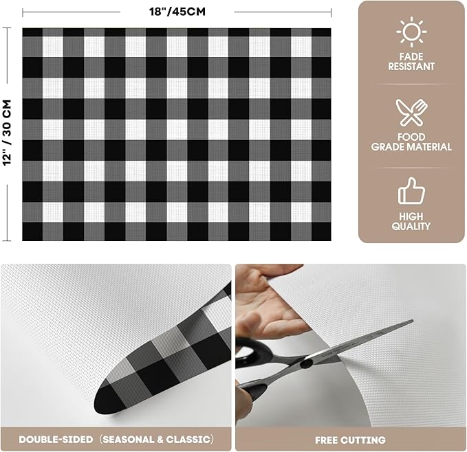 Artoid Mode Buffalo Plaid Vinyl Placemats Set of 4, 12x18 Inch Washable Non-Slip Heat Resistant Plastic Place Mats for Party Dining Table, Black/White