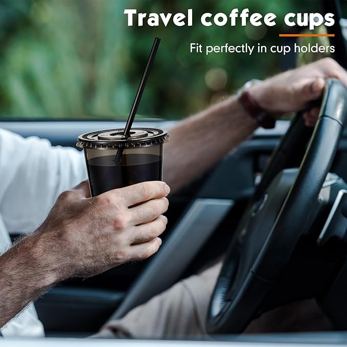50 Sets Clear Plastic Cups with Lids and Straws, Disposable Iced Coffee Cups Drinking PET for Cold Drinks, Juice, Smoothie, Coffee Shops, Party, Christmas (Black,12 oz)