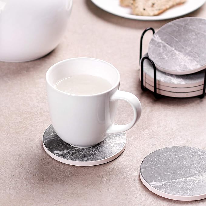 LIFVER Coasters for Drinks Absorbent, Living Room Decor, Ceramic Coasters Set of 6 with Cork Base, Protect Wooden Table or Furniture from Scratched, Drink Coasters with Holder - Grey