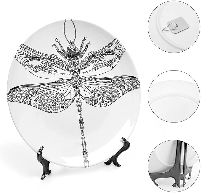 Decorative Plates, Abstract Print Ornament, Animal Steampunk Dragonfly Pattern, 7 Inch, 1 Plate with 1 Display Stand, Black White