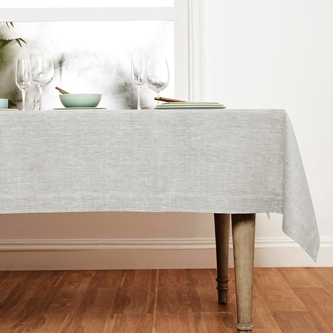 Solino Home Linen Tablecloth 60 x 120 Inch - 100% Pure Linen Oyster Grey Table Cloth for Rectangular Tables - Athena, Machine Washable Cloth Tablecloth for Spring, Easter