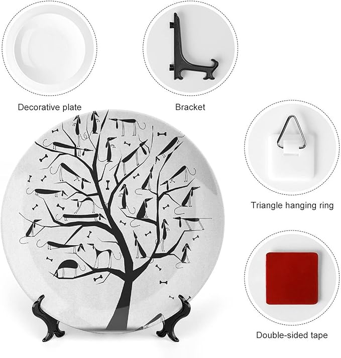 Ceramic Plates, Abstract Decorative Ceramic Plates, Monochrome Autumn Season Tree with Dog on The Branches, 7 Inch, Household Plates Decorative, Black and White