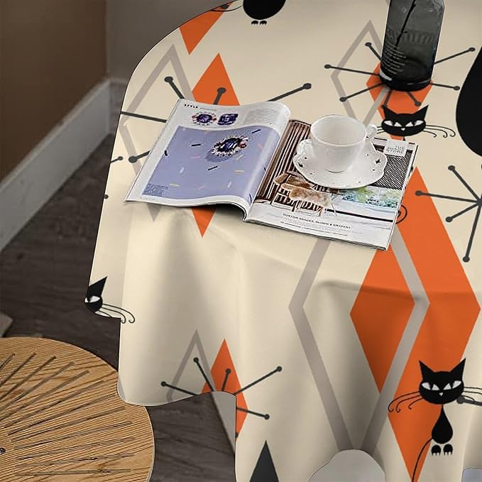 Retro Boho Modern Black Cat Round Tablecloth, Mid Century Boho Moon Abstract Geometric Leaf 50s 60s Style Tablecloth for Home Party Dining Room Kitchen Decor 60Inch(152cm)