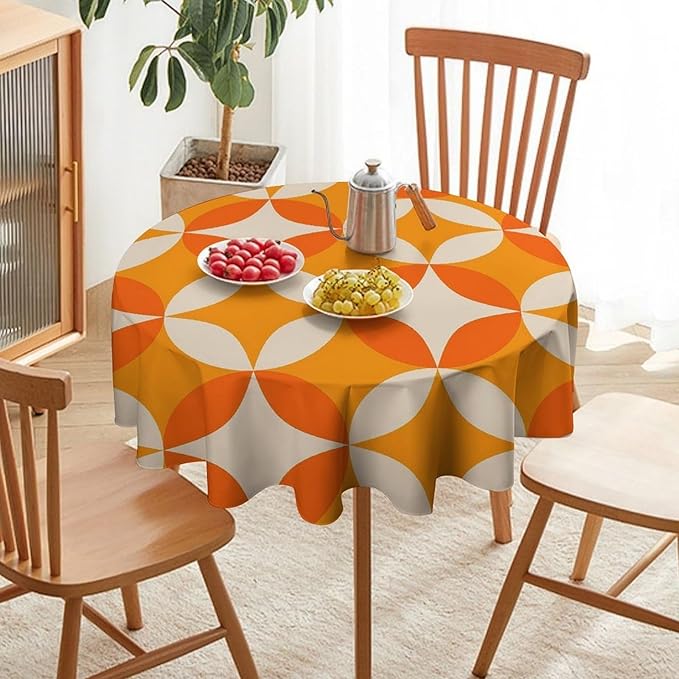 Retro Mid Century Round Tablecloth, Abstract Geometric Mid Century Colorful Pattern Print Tablecloth for Home Party Dining Room Kitchen Decor 50Inch(127cm)