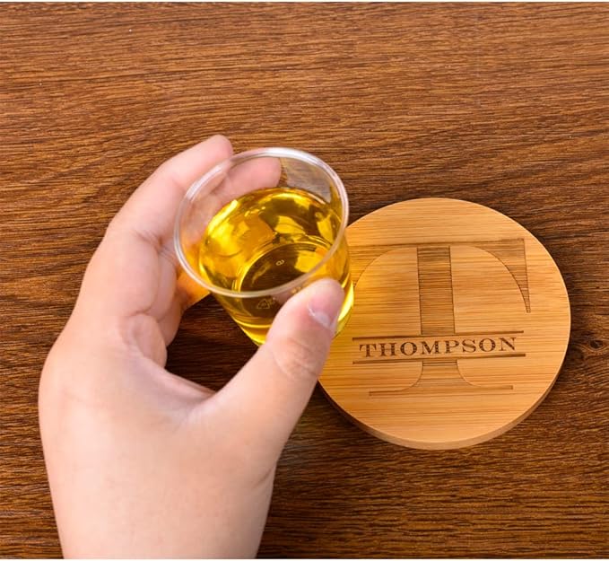 Personalized Bamboo Coasters, Custom Engraved Monogram Coasters with Holder, Great Gifts for Relatives, Friends or Yourself (T, Set of 6)