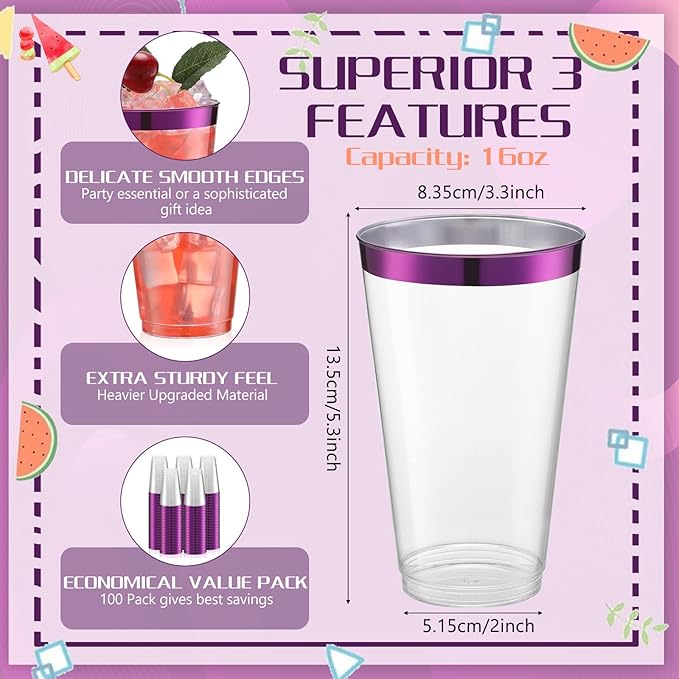 Patelai 100 Pcs 16oz Plastic Cups Disposable Rimmed Cups Heavy Duty Drinking Wine Glasses for Christmas Winter Birthday Beer Taste Serving Snack Sample Tastings Barbecues Picnic(Purple)