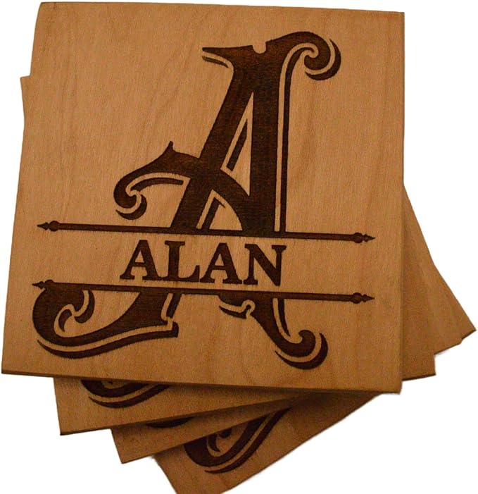 Personalized Wooden Coasters with Monogram, Wedding Date Engraved, Family Name- Choice of Wood (Name Inside Initial)