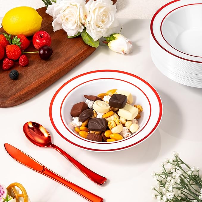 Goodluck 100 Pack Plastic Bowls with Red Rim, 12oz Disposable Soup Bowls, Heavy Duty Dessert Bowls for Weddings, Parties, Valentine's Day Dinners, Catering, Thanksgiving and Everyday Use