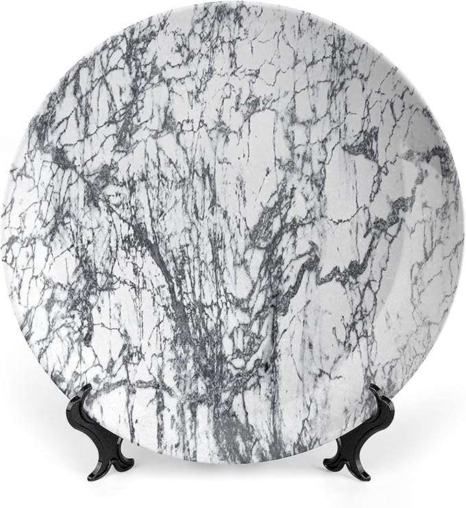 Ceramic Display Plate, Abstract Ceramic Hanging Decorative Plate, Murky Marble Rock Motifs Dynamic Fractal, 7 Inch, Living Room Kitchen Decoration Household, Grey White