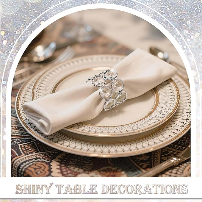 Crystal Metal Napkin Rings Set, Elegant Wedding/Party Table Decor, Shiny Holiday Dinner Accessories Bulk, Bridal Shower Gift, Anniversary, Christmas, Home Decor Essentials (Silver, 6-Pcs)