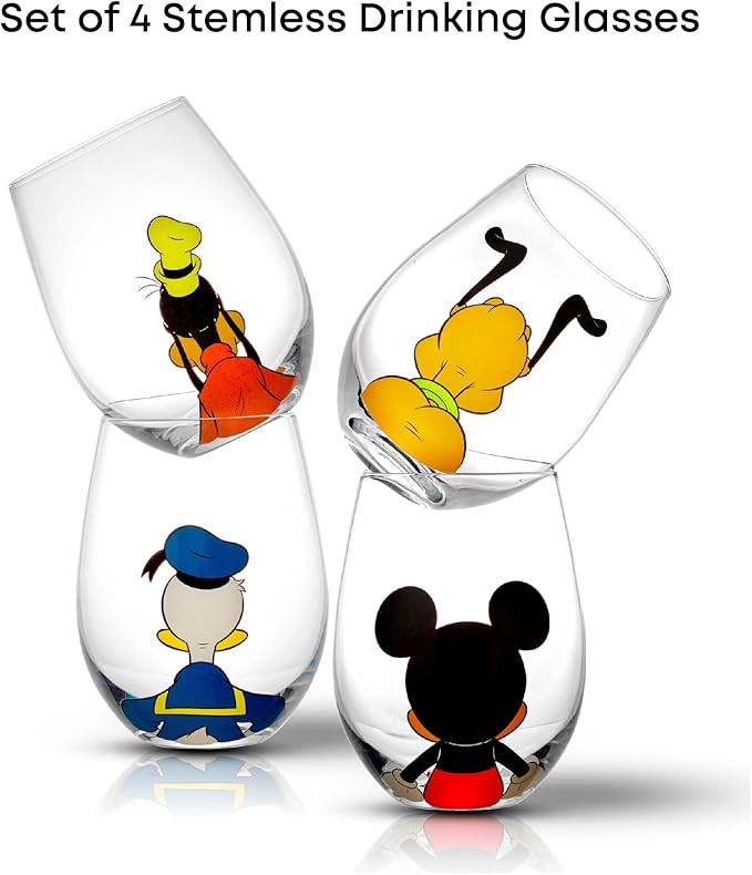 JoyJolt Disney Mickey Mouse Squad Collection Tumblers. 15oz Stemless Wine Glasses Set of 4 Stemless Drinking Glasses. Gifts Stuff, Wine Glass Mickey Mouse Cup Set