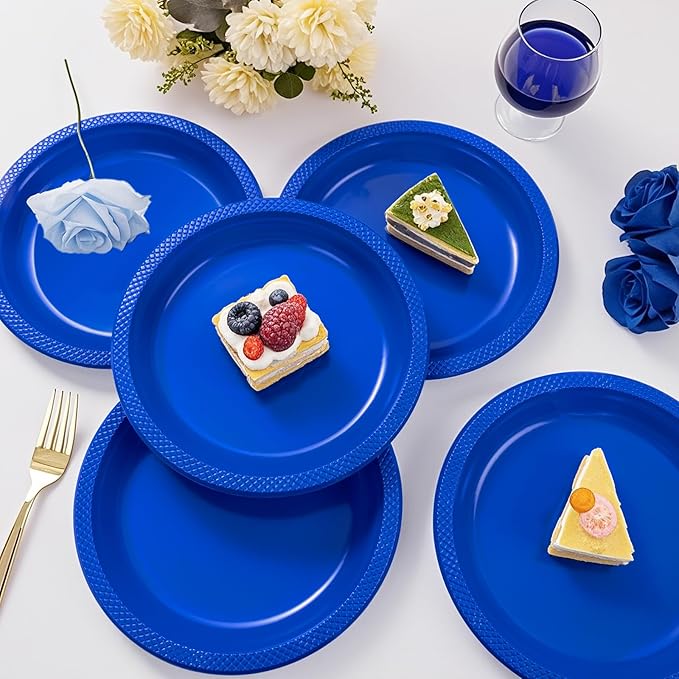 WELLIFE Royal Blue Party Plates 9 Inch -150 Count, Disposable Plastic Dark Blue Dinner Plates for Party Dessert Cake Appetizer