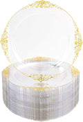 Nervure 100PCS Clear and Gold Plastic Plates - 7.5inch Clear Disposable Plates - Heavyweight Gold Plastic Plate - Dessert Plate for Wedding & Party