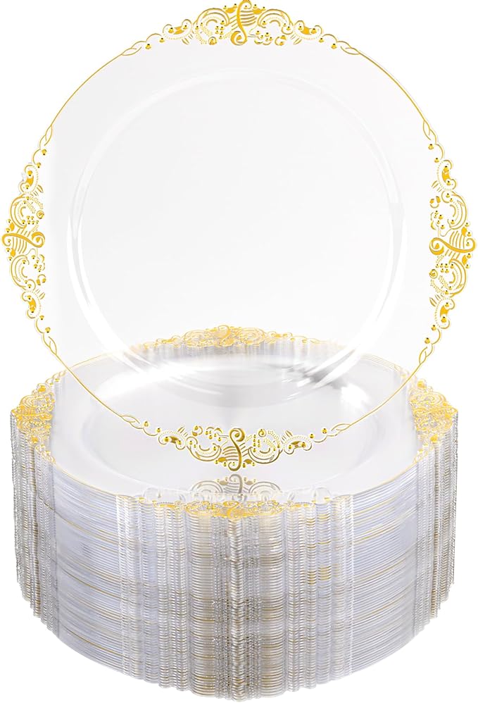 Nervure 100PCS Clear and Gold Plastic Plates - 7.5inch Clear Disposable Plates - Heavyweight Gold Plastic Plate - Dessert Plate for Wedding & Party